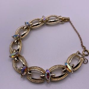 Vintage Signed Coro Gold Tone Bracelet with Aurora Borealis Navette Rhinestone